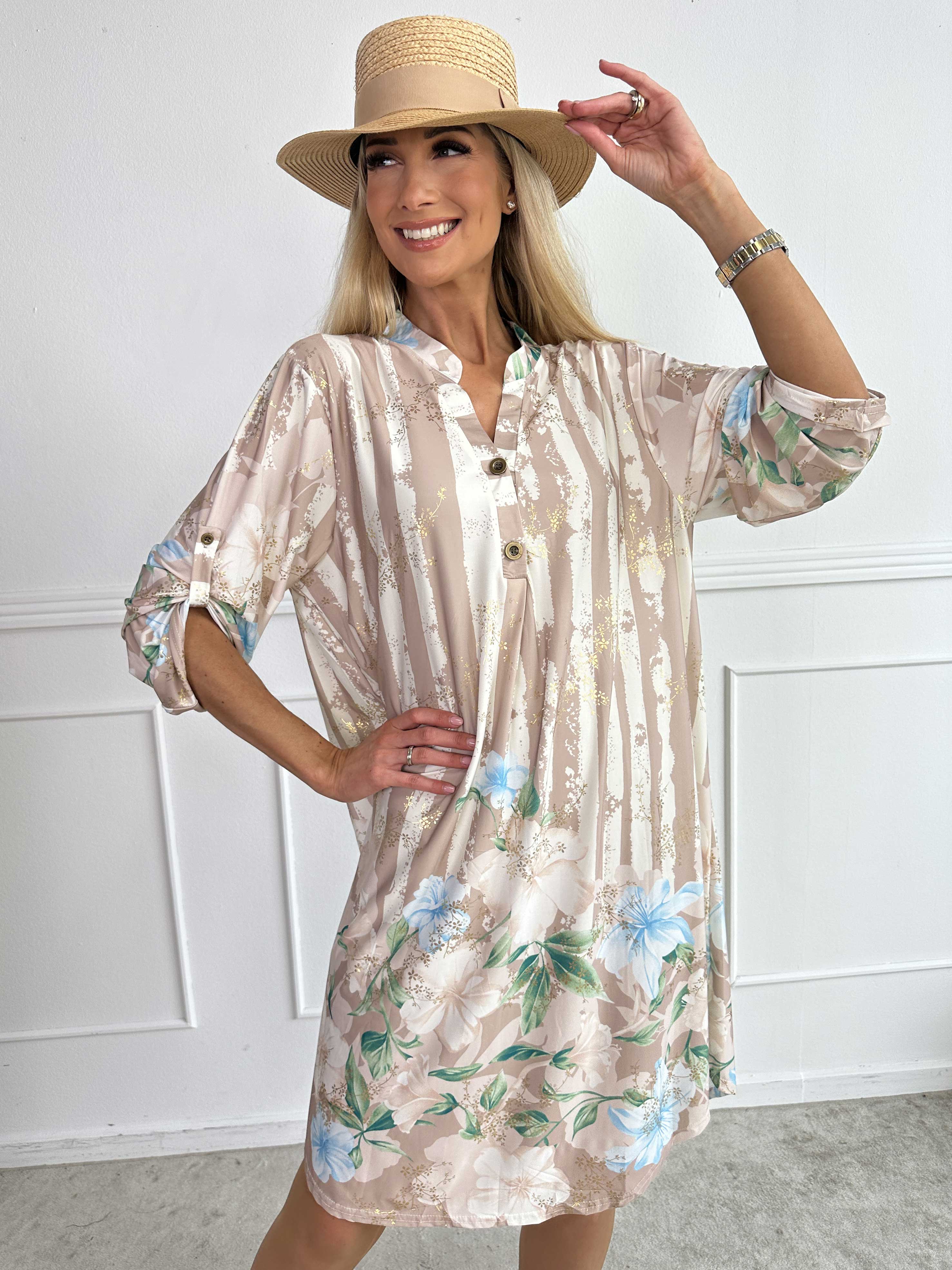 Ebba Floral Stripe Long - Elastisk blomstret kjole med guld detaljer